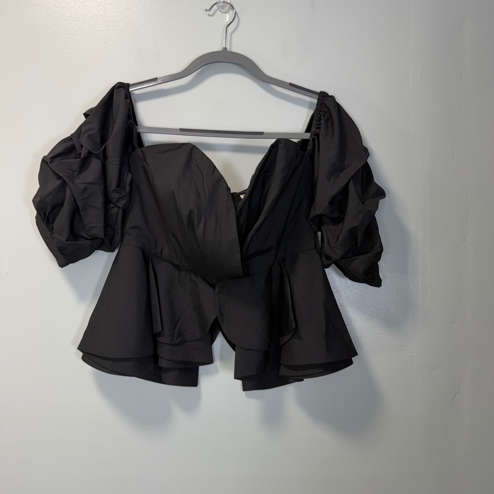 Black Puff Sleeve Peplum Top Off the Shoulder Sweetheart Neckline Large